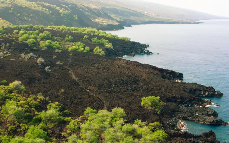 Aerial photograph of trail along the Hawaiian Coast