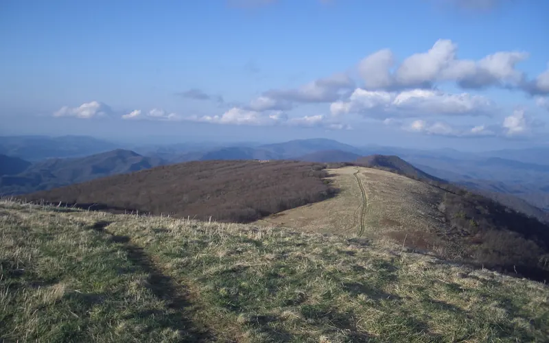 The Appalachian Trail runs across a mountain ridge line with views to the horizon of mountain range.