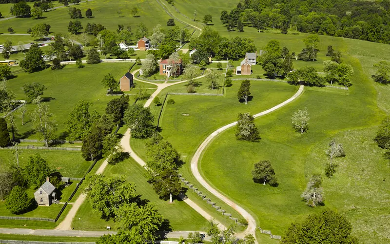 Aerial view of the village of Appomattox Court House taken in 2014.