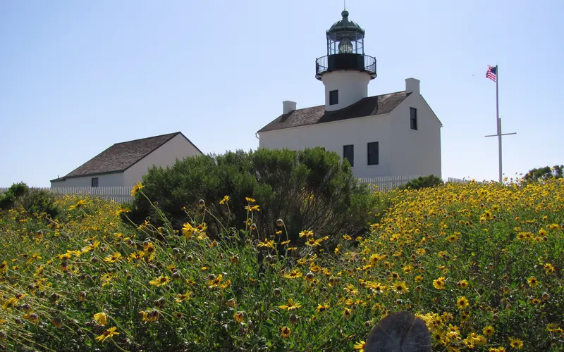 Spring flowers in front of Old Point Loma Lighthouse