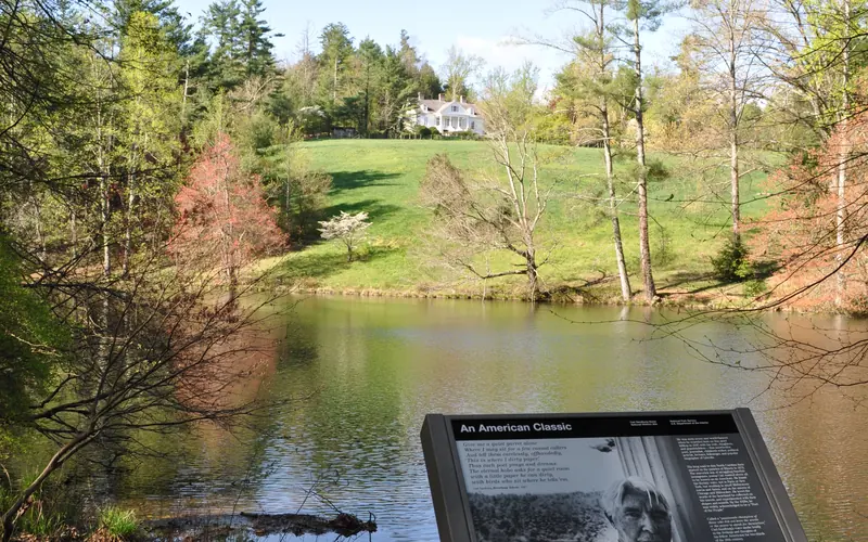 A view of the front lake and Sandburg Home as visitors enter the park