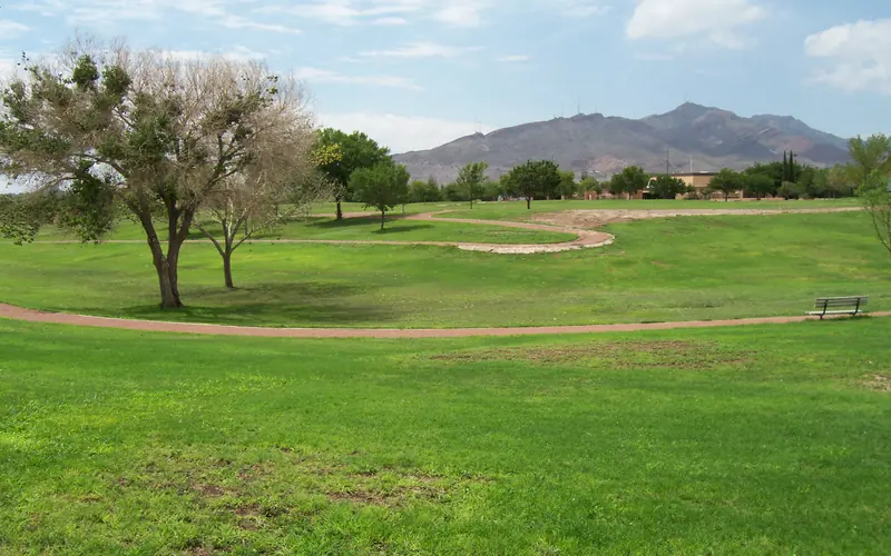 walking trails cross a field of green grass with mountain in the background