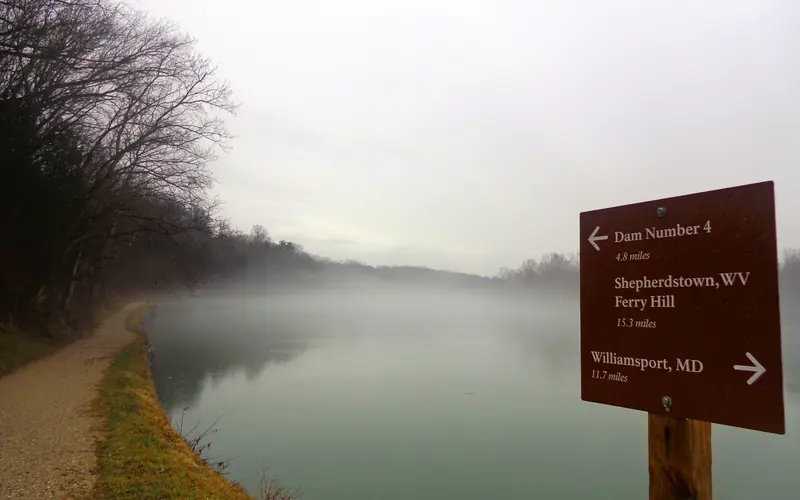 Fog over the Potomac River alongside the Canal towpath.
