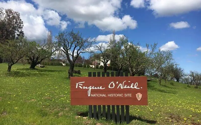 A sign with the park name is sitting in a field of trees.