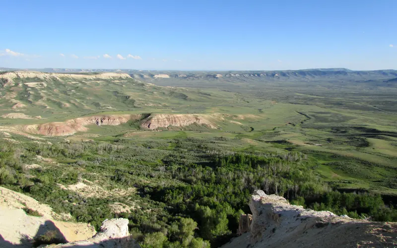 A scenic view of Fossil Basin in early summer; yellow limestone, red mudstones and green vegetation
