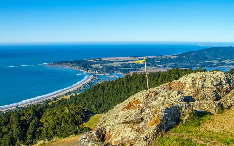 View over the Pacific from Bolinas Ridge; Stinson Beach, Bolinas Lagoon and head in mid-ground.