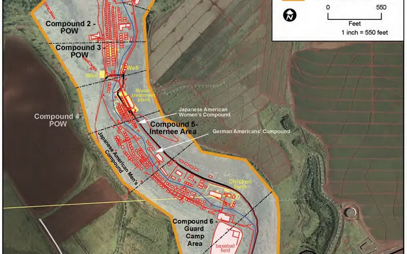 Satellite image of Honouliuli Gulch with a historic overlay illustrating Honouliuli's layout