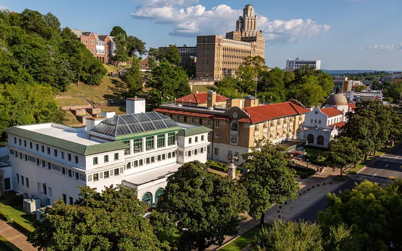 A sky view of large bathhouse buildings