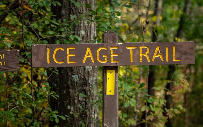 Photograph of “Ice Age Trail” sign surrounded by a forest with autumn foliage.