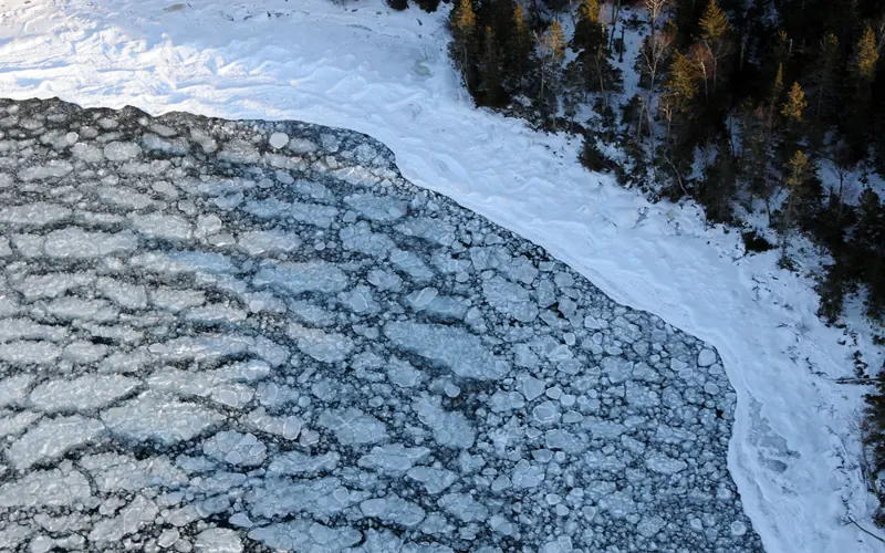 Ice floes float in a harbor