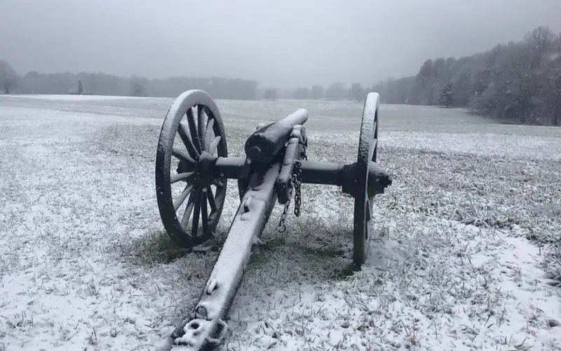 Snow covered cannon overlooking the Crater Battlefield