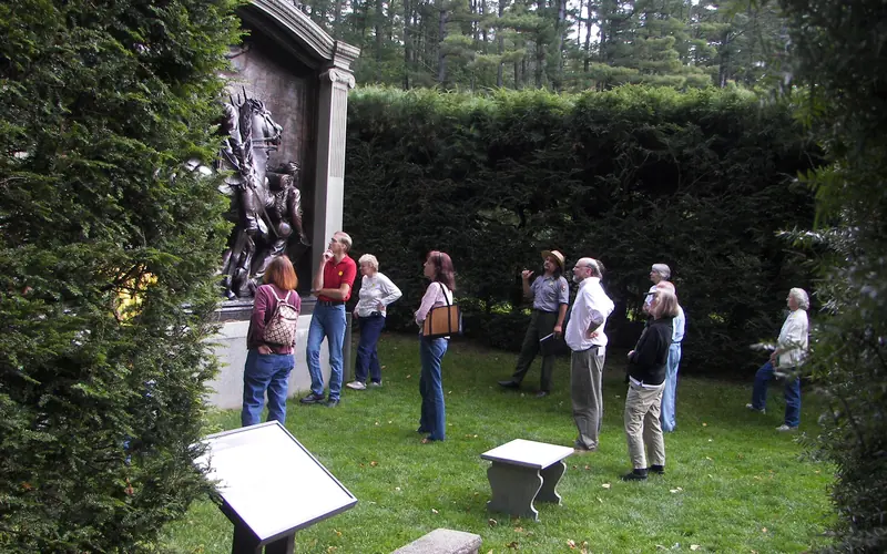 Visitors looking at the Shaw Memorial
