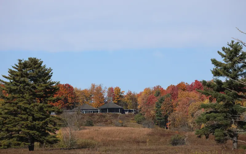 A building shaped like two low, adjoining mushrooms sits atop a hill surrounded by fall foliage.