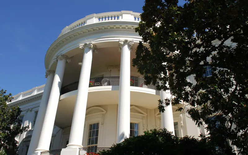 A close-up of the White House portico.