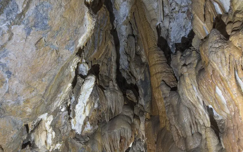 Two cavers look at large formations in Hansen Cave