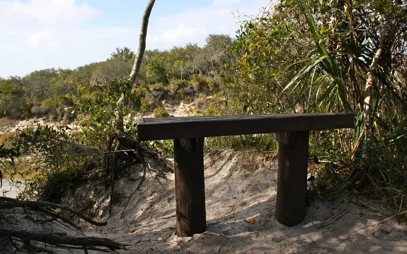 park bench alongside a trail