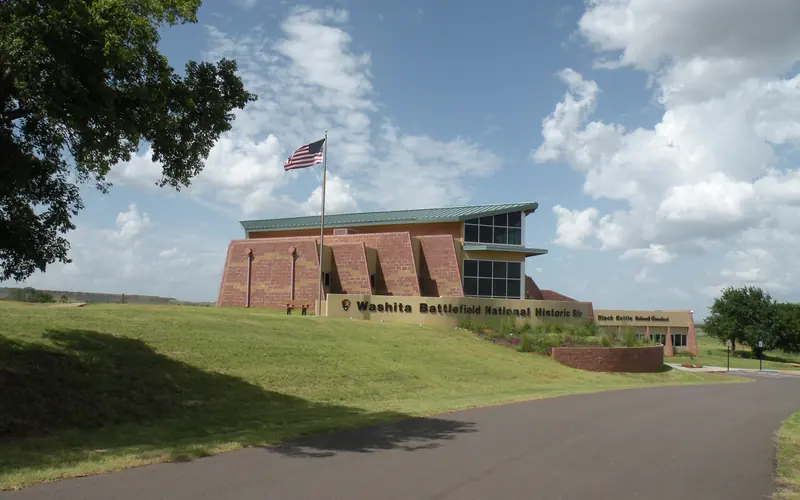 The Washita Battlefield National Historic Site Visitor Center on a summer day