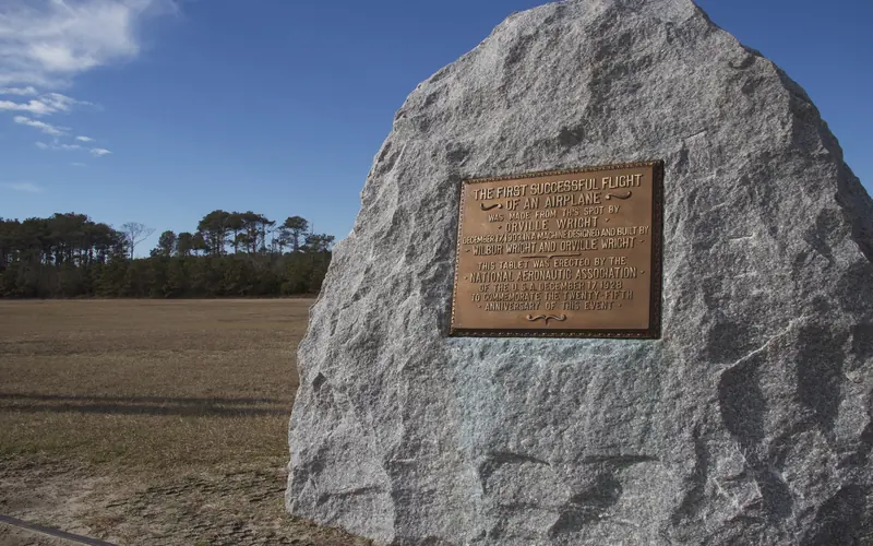 The large boulder and plaque sit where the Wright brothers first flew in their 1903 flyer.